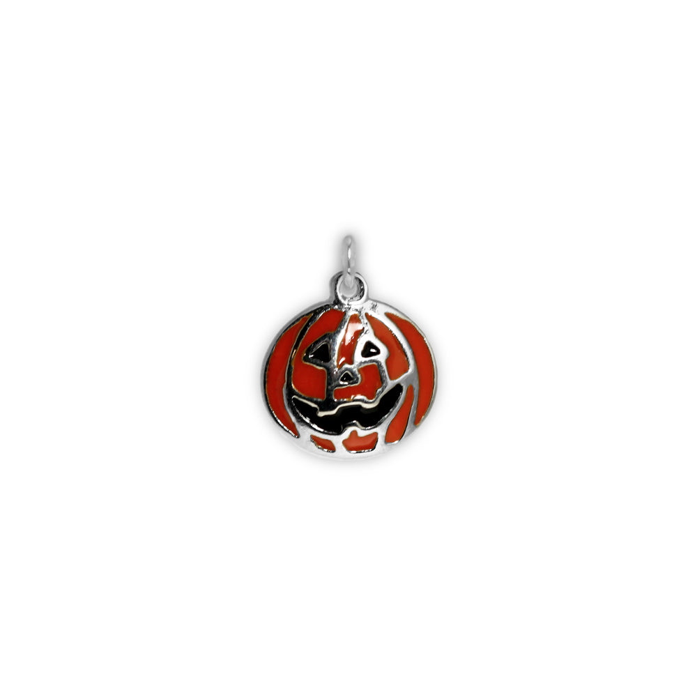 Black Toothed & Smilin' Orange Jack-o-lantern Pumpkin Petite Drop Pendant Necklace in Silver Tone