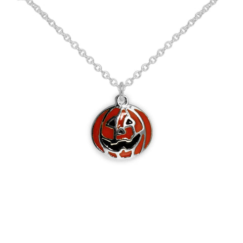 Black Toothed & Smilin' Orange Jack-o-lantern Pumpkin Petite Drop Pendant Necklace in Silver Tone