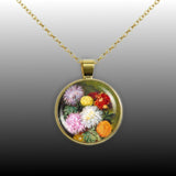 Japanese Mums Chrysanthemum Flowers Marianne North Art Painting 1" Pendant Chain Necklace in Silver Tone or Gold Tone