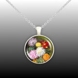 Japanese Mums Chrysanthemum Flowers Marianne North Art Painting 1" Pendant Chain Necklace in Silver Tone or Gold Tone
