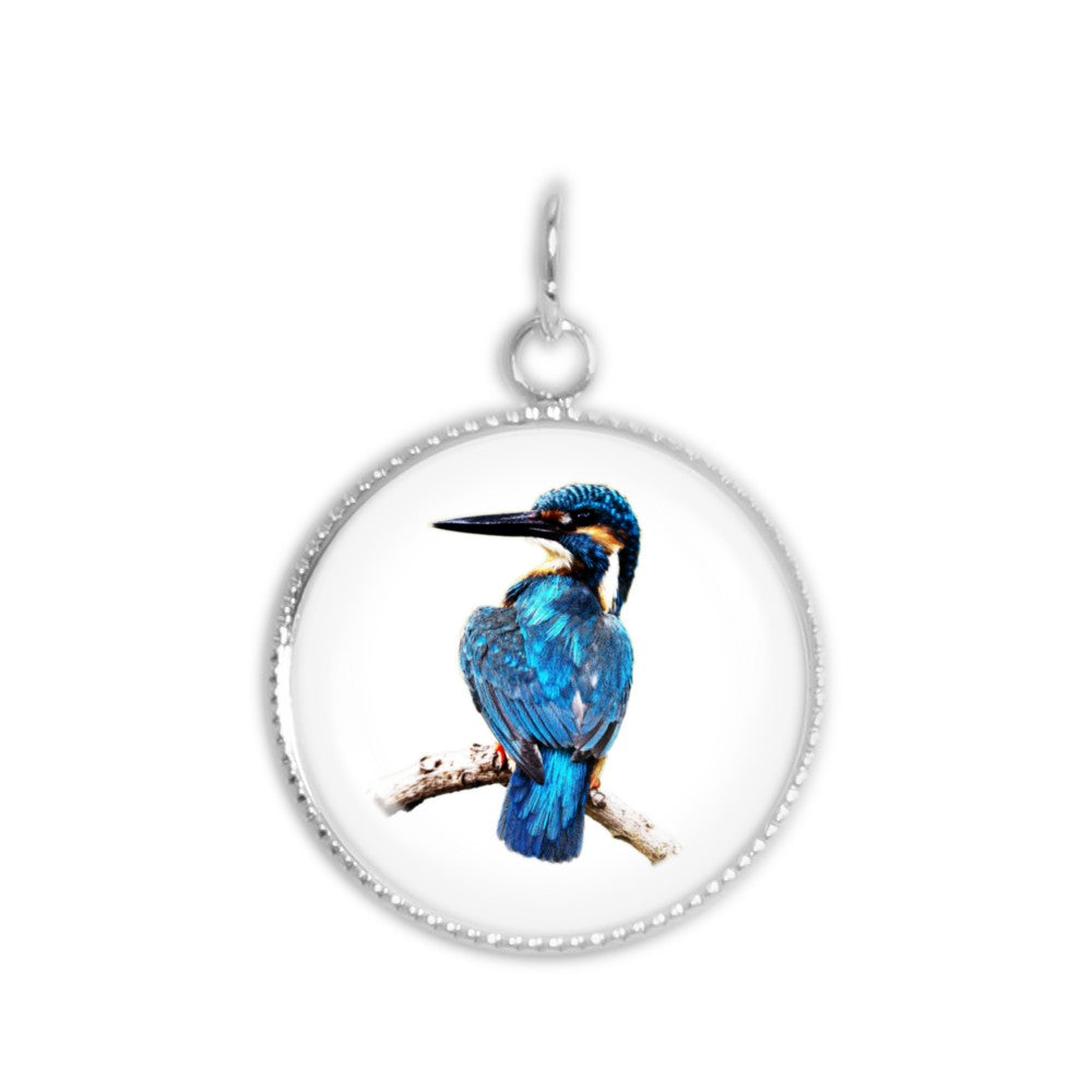 Common Kingfisher Bird Color Pencil Drawing Style 3/4" Charm for Petite Pendant or Bracelet in Silver Tone or Gold Tone