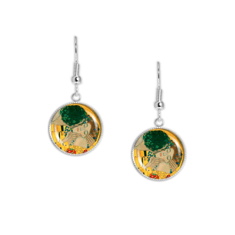 Man Kissing Woman From the Kiss Painting By Klimt Earrings with 3/4" Art Charms in Silver Tone