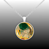Man Kissing Woman From the Kiss By Klimt Art Painting 1" Pendant Necklace in Silver Tone