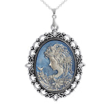 Persian Blue & Silver Color Lady & Bird Cameo Vintage Style Pendant Cable Chain Necklace in Silver Tone
