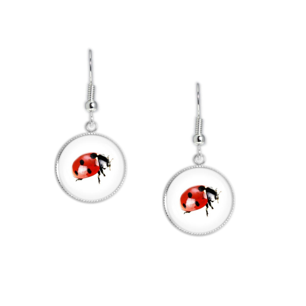 Ladybug Color Pencil Drawing Style Dangle Earrings w/ 3/4" Charms in Silver Tone or Gold Tone