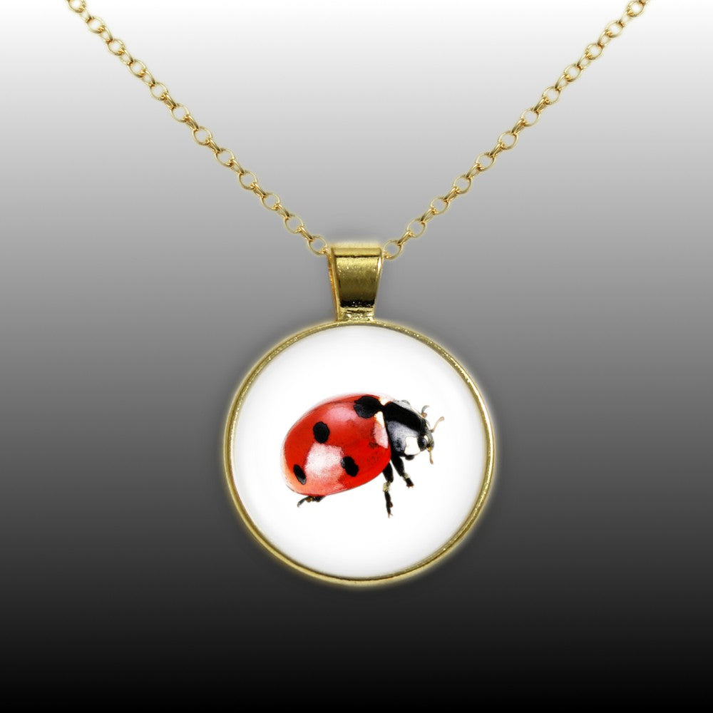 Ladybug Color Pencil Drawing Style 1" Pendant Necklace in Gold Tone