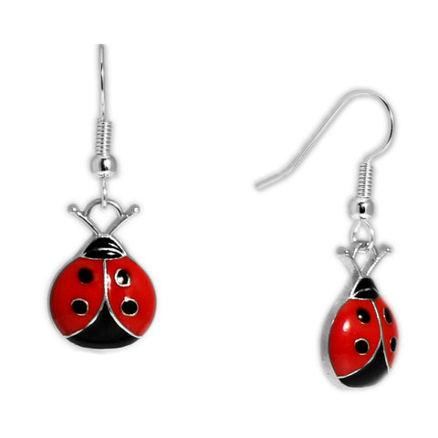 Tulip Red & Jet Black Ladybug Dangle Earrings in Silver Tone, Spring, Summer