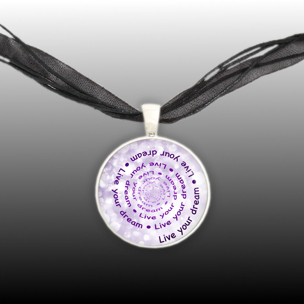 Live Your Dream Quote Swirl Vortex 1" Pendant Necklace in Silver Tone