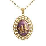 Lovebirds & Flowers Lavender & Gold Color Cameo Vintage Style Pendant Cable Chain Necklace in Gold Tone
