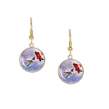 Purple Throated Lucifer Hummingbird & Crimson Red Flower on Blue Background Dangle Earrings w/ 3/4" Charms in Silver Tone or Gold Tone