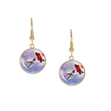 Purple Throated Lucifer Hummingbird & Crimson Red Flower on Blue Background Dangle Earrings w/ 3/4" Charms in Silver Tone or Gold Tone