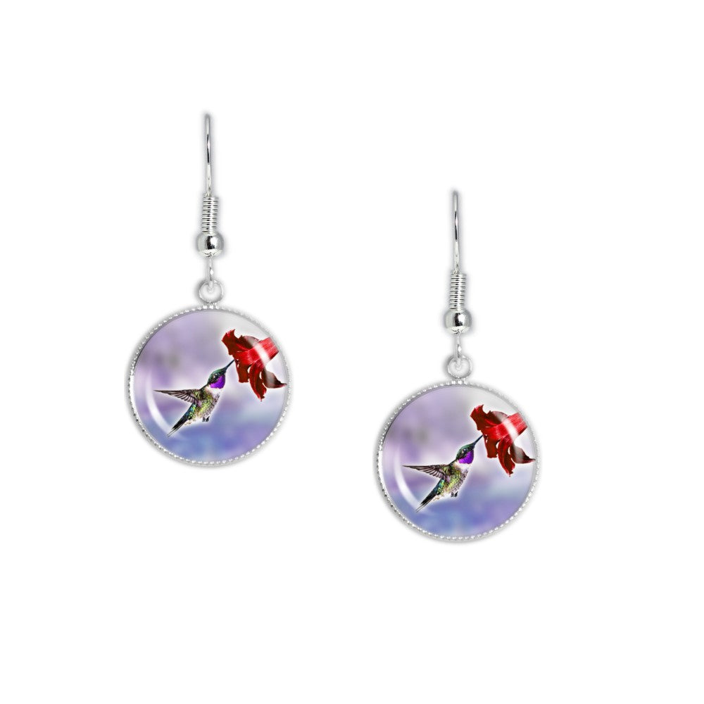 Purple Throated Lucifer Hummingbird & Crimson Red Flower on Blue Background Dangle Earrings w/ 3/4" Charms in Silver Tone or Gold Tone