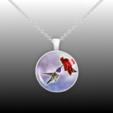 Purple Throated Lucifer Hummingbird & Crimson Red Flower on Blue Background 1" Pendant Necklace in Silver Tone