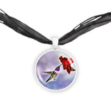 Purple Throated Lucifer Hummingbird & Crimson Red Flower on Blue Background 1" Pendant Necklace in Silver Tone