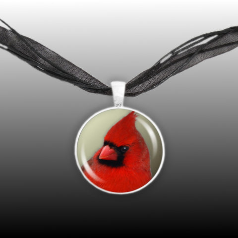 Crimson Red Northern Male Cardinal Bird Photo 1" Pendant Necklace in Silver Tone