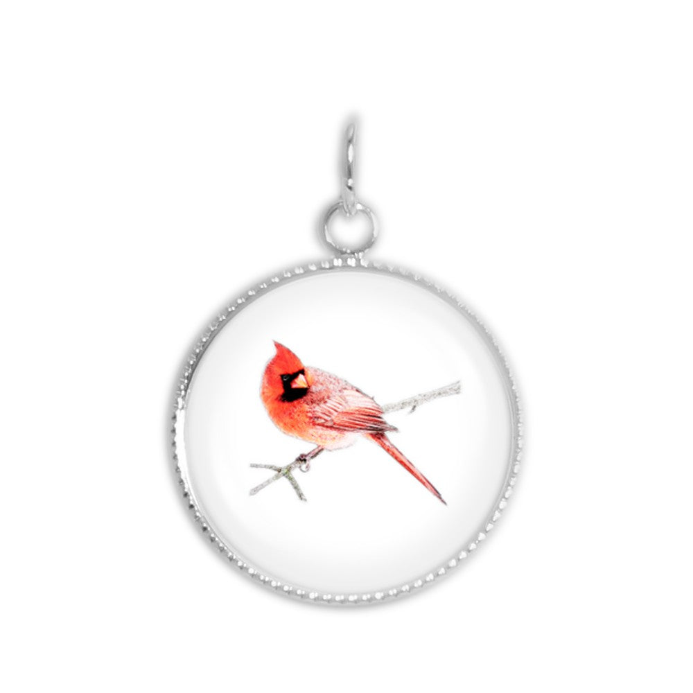 Red Male Cardinal Color Pencil Drawing Style 3/4" Art Charm for Petite Pendant or Bracelet in Silver Tone