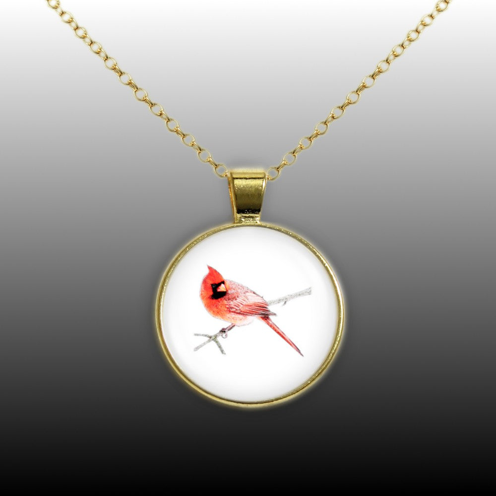 Red Male Cardinal Color Pencil Drawing Style 1" Pendant Necklace in Gold Tone