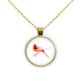 Red Male Cardinal Color Pencil Drawing Style 1" Pendant Necklace in Gold Tone