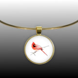 Red Male Cardinal Color Pencil Drawing Style 1" Pendant Necklace in Gold Tone