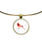 Red Male Cardinal Color Pencil Drawing Style 1" Pendant Necklace in Gold Tone