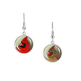 Red & Green Mismatched Northern Cardinal Bird Photo Dangle Earrings 3/4" Artwork Print Charms Silver Tone