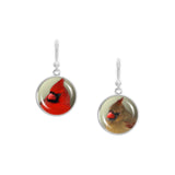 Red & Green Mismatched Northern Cardinal Bird Photo Dangle Earrings 3/4" Artwork Print Charms Silver Tone