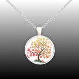 Red, Orange & Yellow Autumn Maple Tree Folk Art Style 1" Pendant Cable Chain Necklace in Silver Tone or Gold Tone