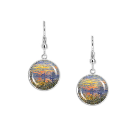 Sailboats at Sunset Monet Painting Dangle Earrings w/ 3/4" Charms in Silver Tone