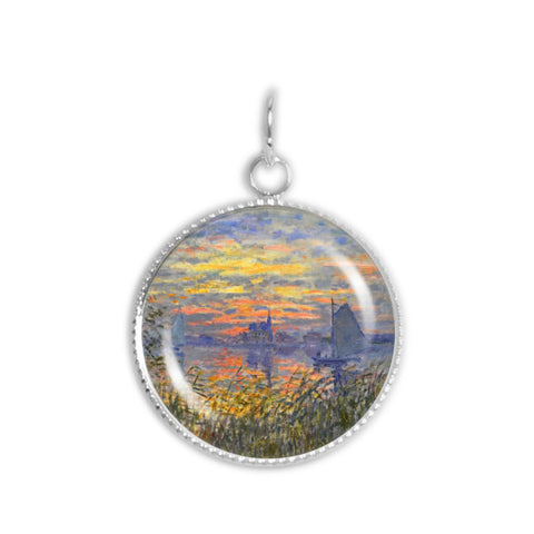 Sailboats at Sunset Monet Art Painting 3/4" Charm for Petite Pendant or Bracelet in Silver Tone