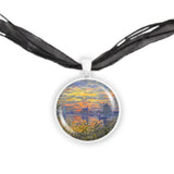 Sailboats at Sunset Monet Art Painting 1" Pendant Necklace in Silver Tone