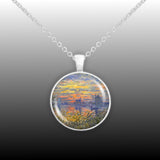 Sailboats at Sunset Monet Art Painting 1" Pendant Necklace in Silver Tone