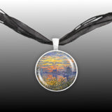 Sailboats at Sunset Monet Art Painting 1" Pendant Necklace in Silver Tone