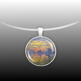 Sailboats at Sunset Monet Art Painting 1" Pendant Necklace in Silver Tone