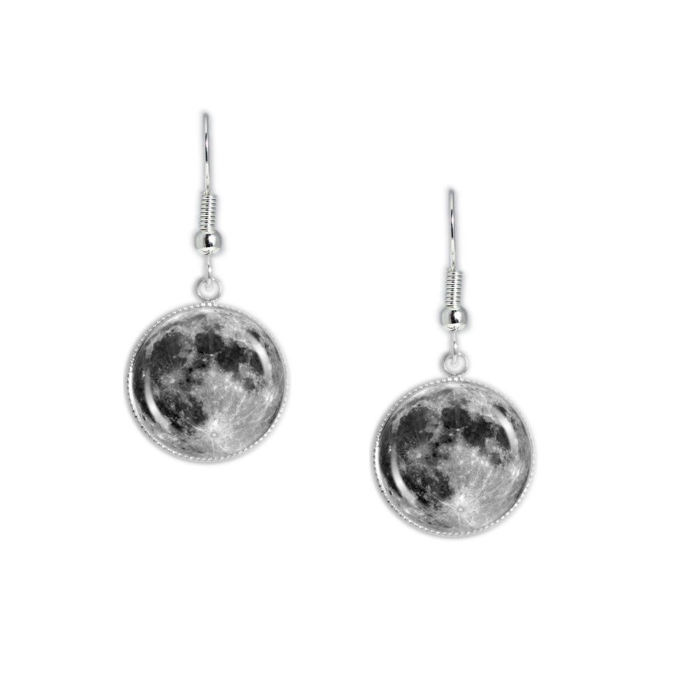 Moon of Earth Dangle Earrings with 3/4" Solar System Space Charms in Silver Tone