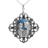 Persian Blue & Silver Color Mother and Child Cameo Vintage Style Pendant Necklace in Silver Tone
