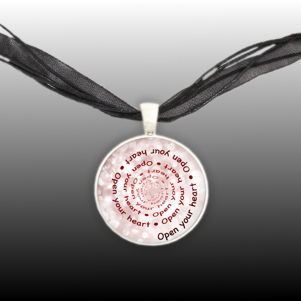 Open Your Heart Quote Swirl Vortex 1" Pendant Necklace in Silver Tone