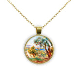 Orange Trees with Sea Renoir Art Painting 1" Pendant Cable Chain Necklace in Silver Tone or Gold Tone