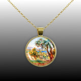 Orange Trees with Sea Renoir Art Painting 1" Pendant Cable Chain Necklace in Silver Tone or Gold Tone