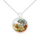 Orange Trees with Sea Renoir Art Painting 1" Pendant Cable Chain Necklace in Silver Tone or Gold Tone