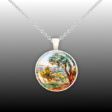 Orange Trees with Sea Renoir Art Painting 1" Pendant Cable Chain Necklace in Silver Tone or Gold Tone