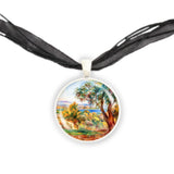 Orange Trees with Sea Renoir Art Painting 1" Pendant Cable Chain Necklace in Silver Tone or Gold Tone