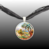 Orange Trees with Sea Renoir Art Painting 1" Pendant Cable Chain Necklace in Silver Tone or Gold Tone