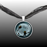 Who Who Owl Birds in Tree Against Blue Moon Autumn & Halloween Illustration Art 1" Pendant Necklace in Silver Tone
