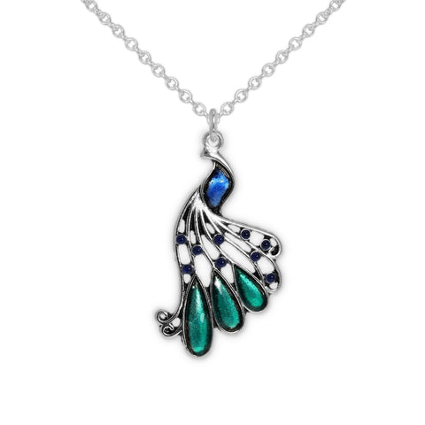 Ocean Blue Eyes Green and Blue Peacock Pendant Necklace in Silver Tone