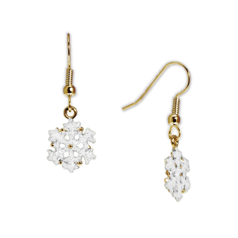 Glittery Petite White Snowflake Earrings in Gold Tone, Celebrate the Holidays, Christmas, New Years