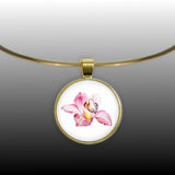 Pink Orchid Flower Color Pencil Drawing Style 1" Pendant Necklace in Gold Tone