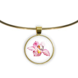 Pink Orchid Flower Color Pencil Drawing Style 1" Pendant Necklace in Gold Tone