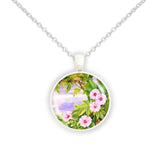Pink Morning Glory Flowers & Harbor Marianne North Art Painting 1" Pendant Chain Necklace in Silver Tone or Gold Tone