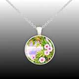 Pink Morning Glory Flowers & Harbor Marianne North Art Painting 1" Pendant Chain Necklace in Silver Tone or Gold Tone