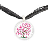 Pink Ribbon Tree Breast Cancer Awareness Illustration Folk Art Style 1" Pendant Necklace in Silver Tone